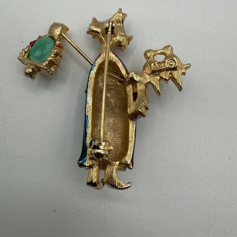 Vintage ART Figural Brooch Asian Lady Enamel Pearl Owl Lantern Pin Costume - Picture 2 of 6